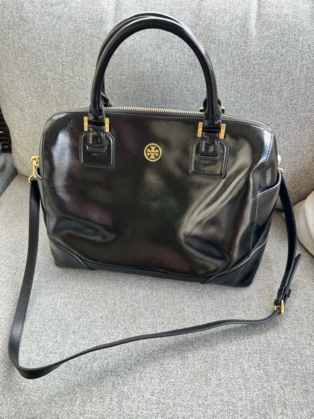 Tory Burch Shiny Black Patent Leather LARGE Satchel Gold Logo  13"L X 9"H X 7"D